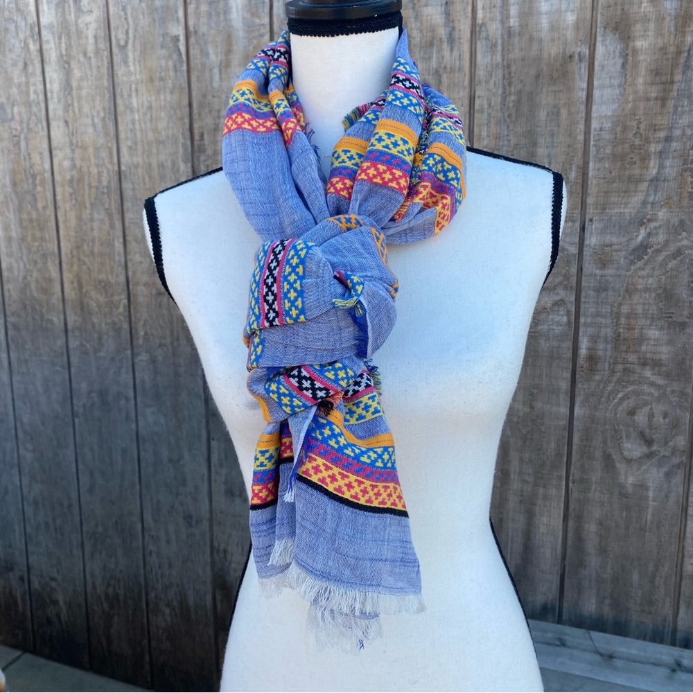 J Crew multicolored beautiful scarf Raw edges. 22.5”W 74”L